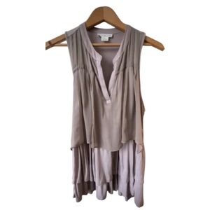 CLÜ Willoughby Taupe Silk Blend Tiered Pleat Split Neck Blouse Anthropologie